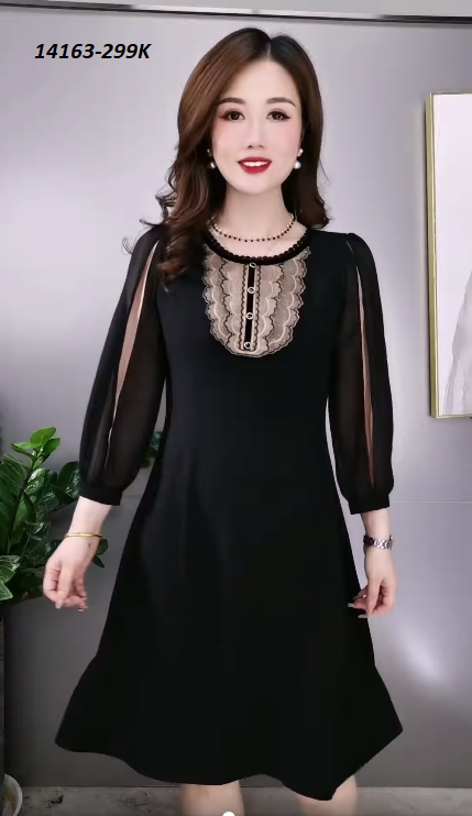 14163-Đầm chữ A phối tay voan 2 màu ngực phối ren( thun, voan, ren)FREESHIP_thumbnail_0