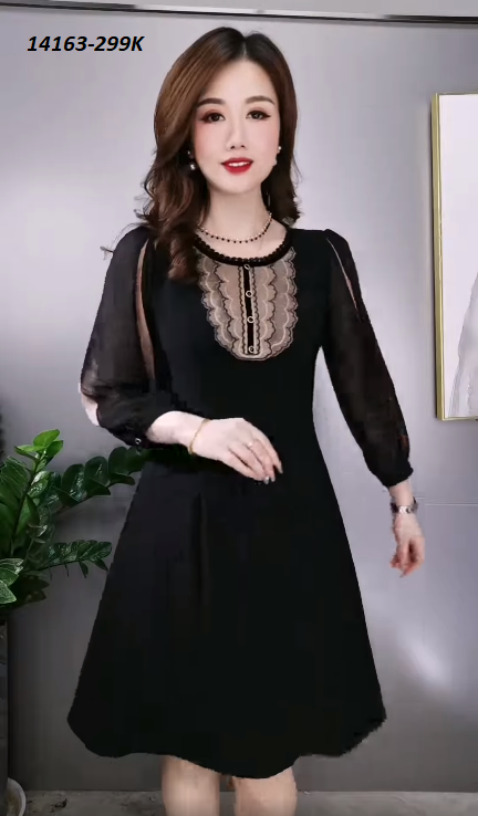 14163-Đầm chữ A phối tay voan 2 màu ngực phối ren( thun, voan, ren)FREESHIP_thumbnail_3