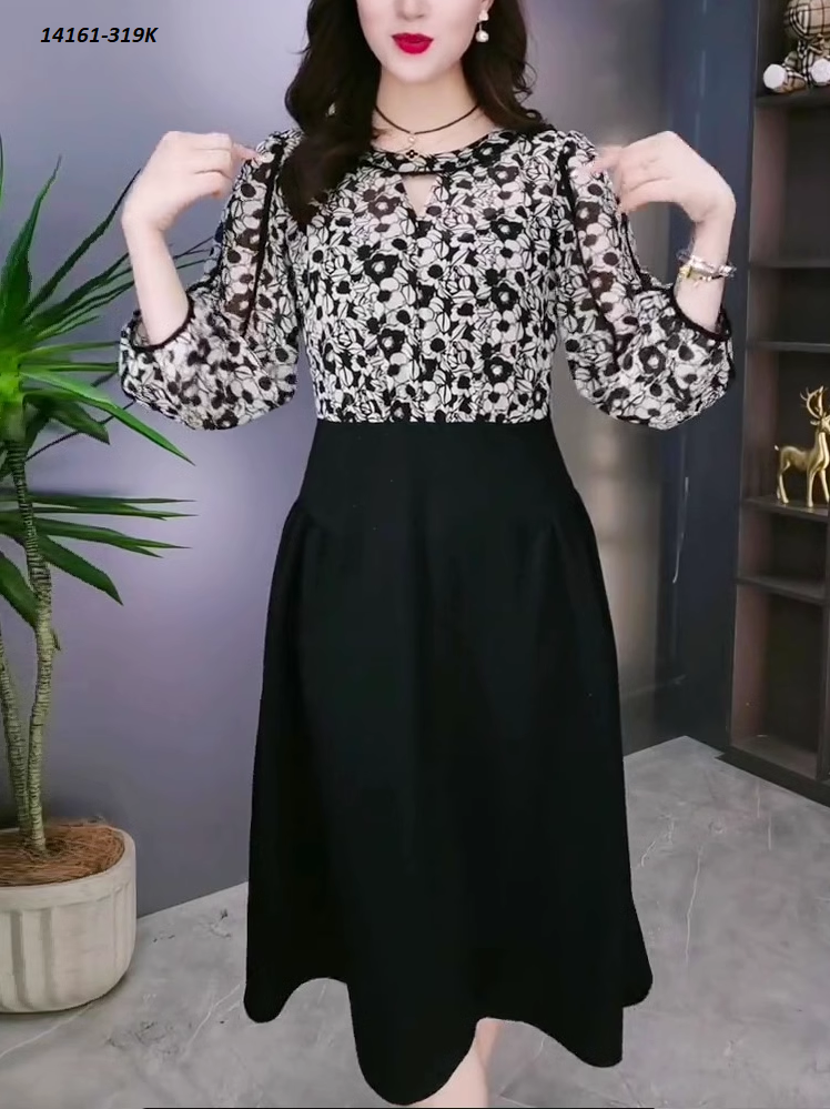 14161-Đầm xòe tay dài phối voan hoa cổ cách điệu (voan, thun)FREESHIP_thumbnail_0