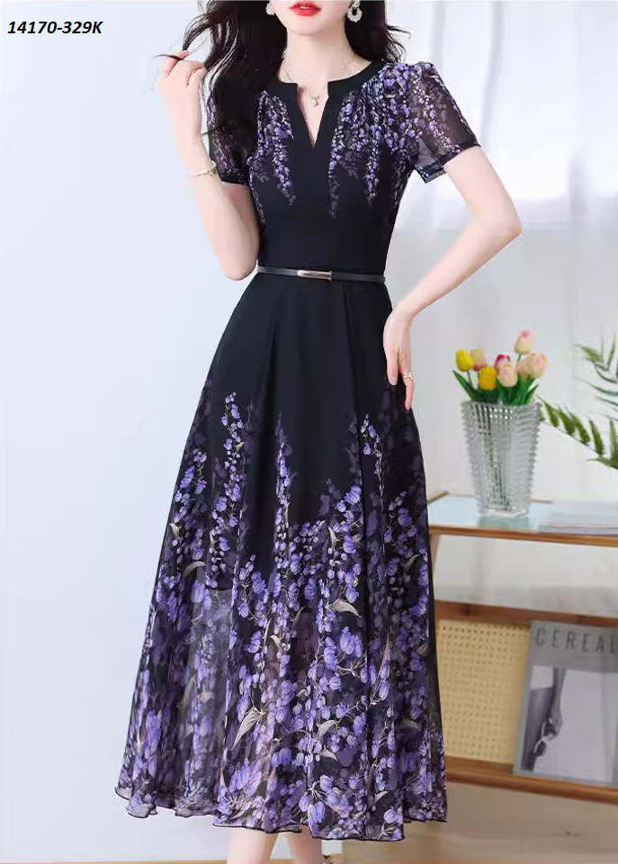 14170-Đầm dài cổ V cách điệu họa tiết hoa linh lan tím (voan, lót)FREESHIP_thumbnail_0
