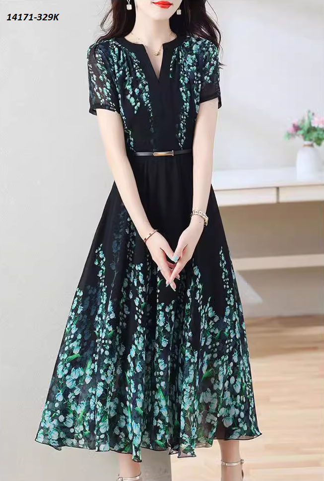 14171-Đầm dài cổ V cách điệu họa tiết hoa linh lan xanh (voan, lót)FREESHIP_thumbnail_3