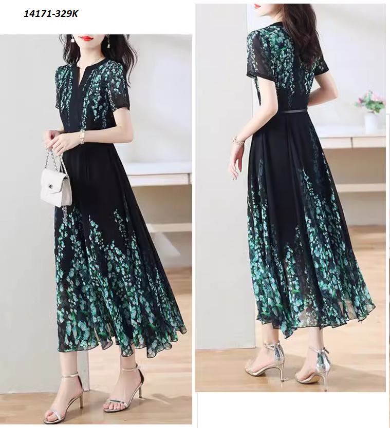 14171-Đầm dài cổ V cách điệu họa tiết hoa linh lan xanh (voan, lót)FREESHIP_thumbnail_2
