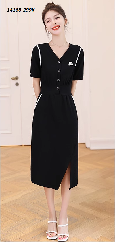 14168-Đầm body suông xẻ tà cổ V kết nút (thun lụa)FREESHIP_thumbnail_0