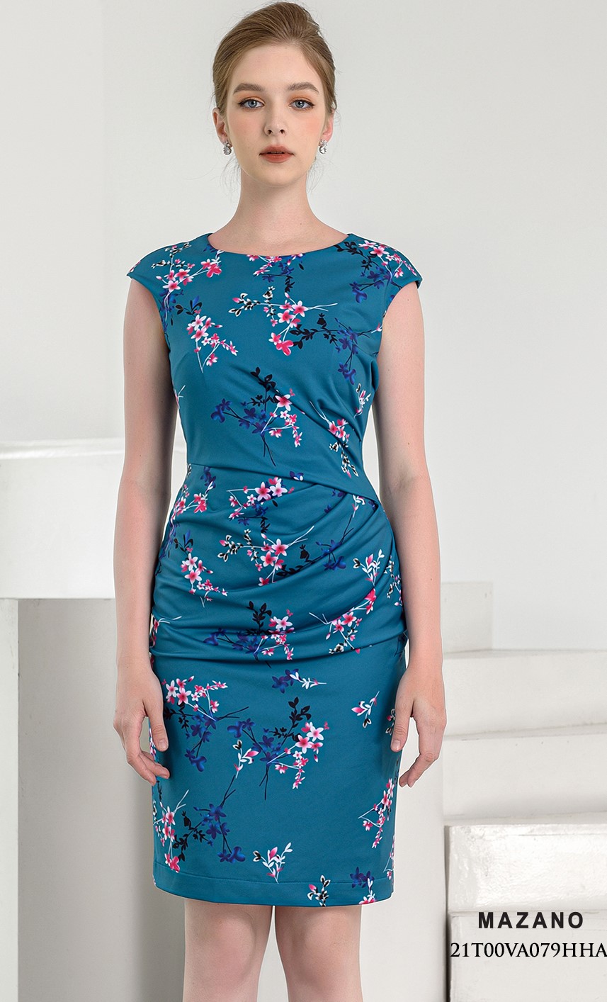 Đầm xanh họa tiết xếp ly bụng 21T00VA079HHA