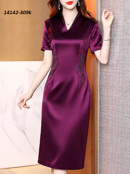 14142-Đầm suông cổ V viền đính hạt (lụa nhung)FREESHIP_thumbnail_0