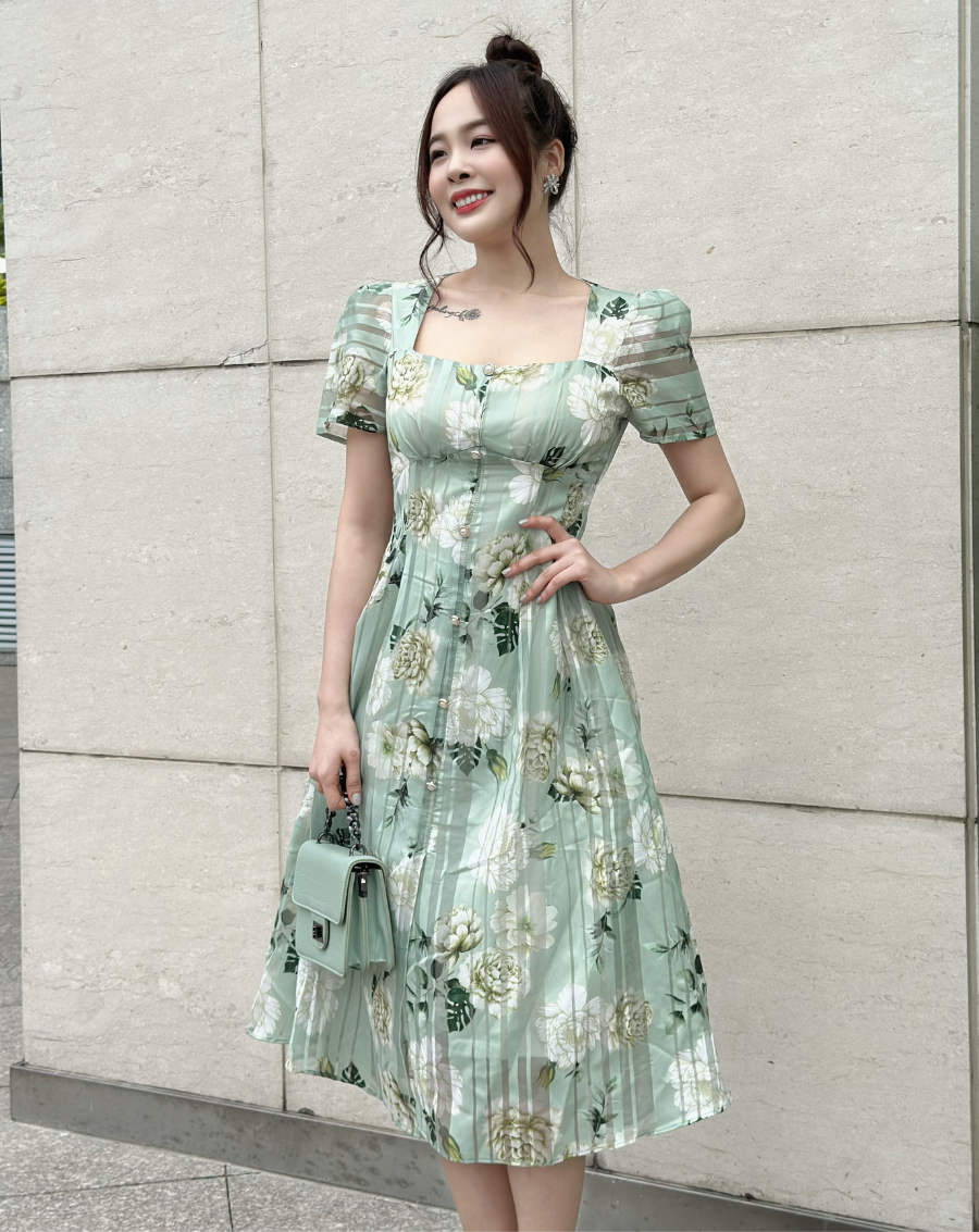 Đầm xòe họa tiết hoa mẫu đơn tay cánh tiên_thumbnail_2