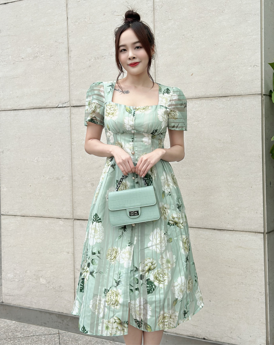 Đầm xòe họa tiết hoa mẫu đơn tay cánh tiên_thumbnail_1