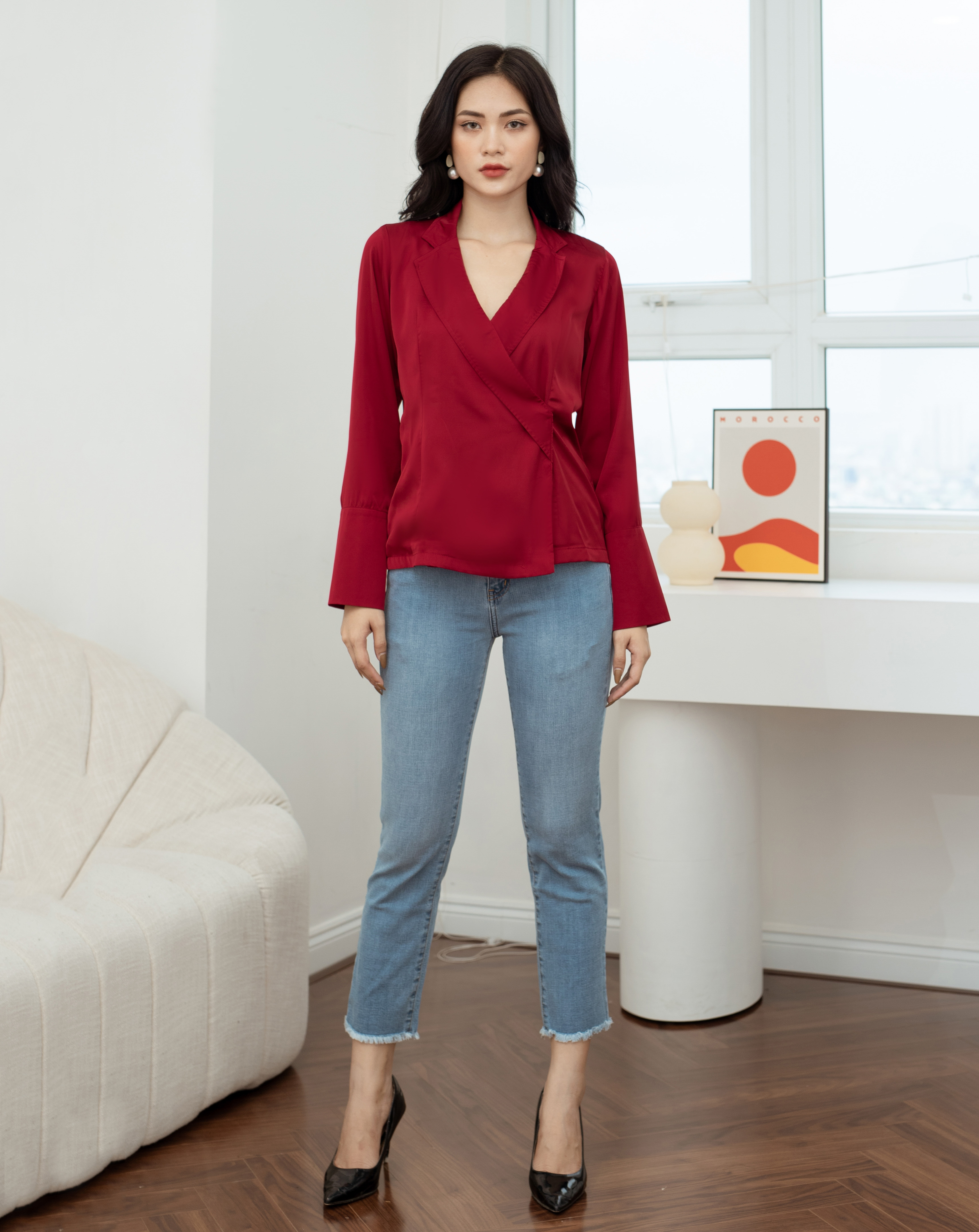 Áo kiểu cổ vest tay dài