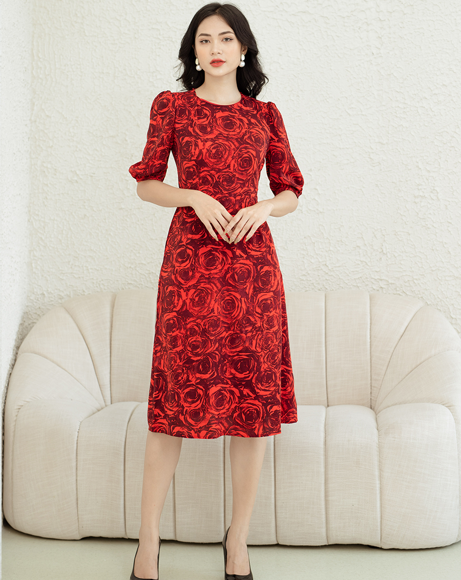 Đầm chữ A hoạ tiết tay bồng