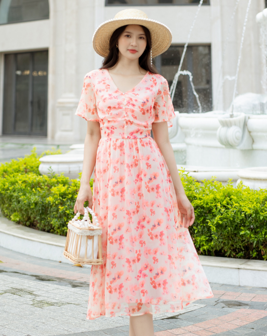 Váy hoa cổ tim nhún ngực đính cúc ngọc trai_thumbnail_1