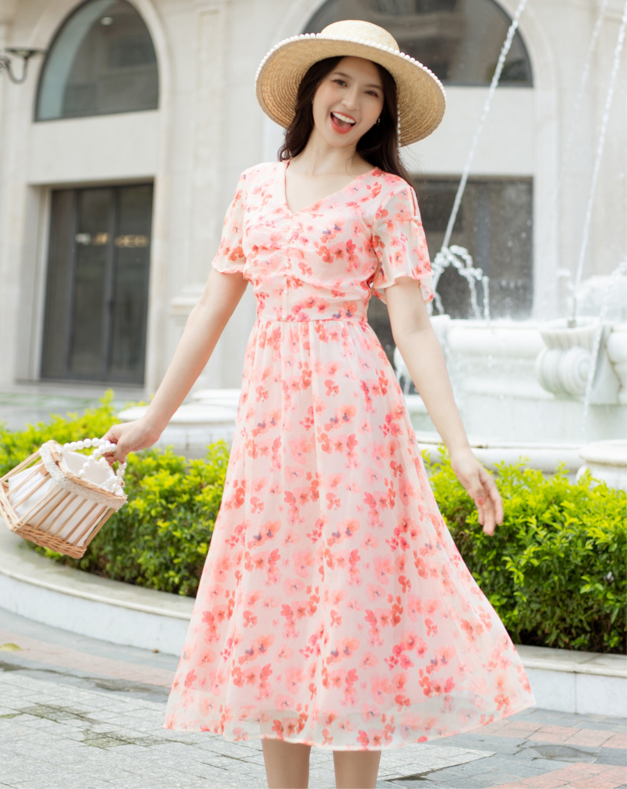 Váy hoa cổ tim nhún ngực đính cúc ngọc trai