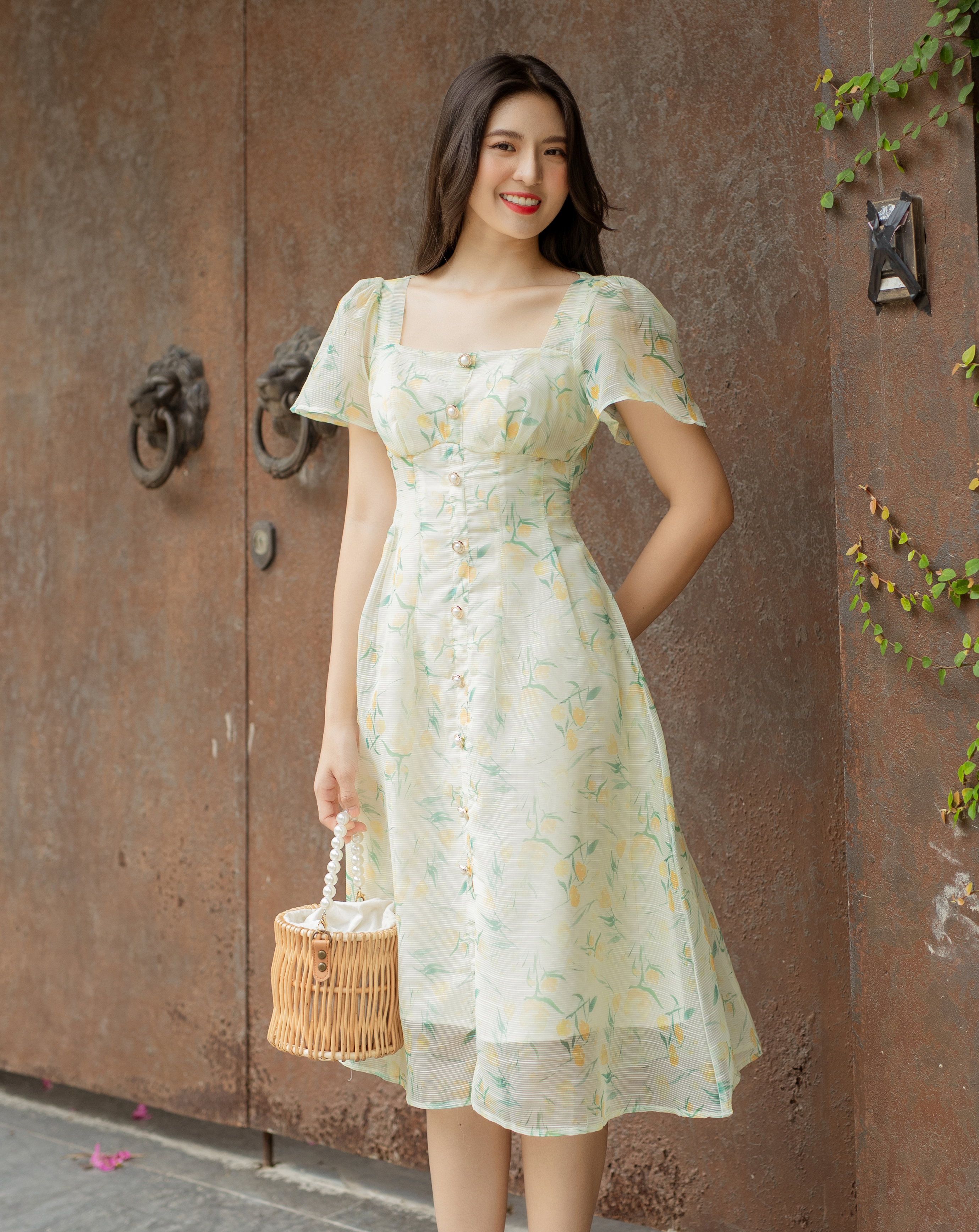 Đầm xòe họa tiết hoa mẫu đơn tay cánh tiên_thumbnail_6