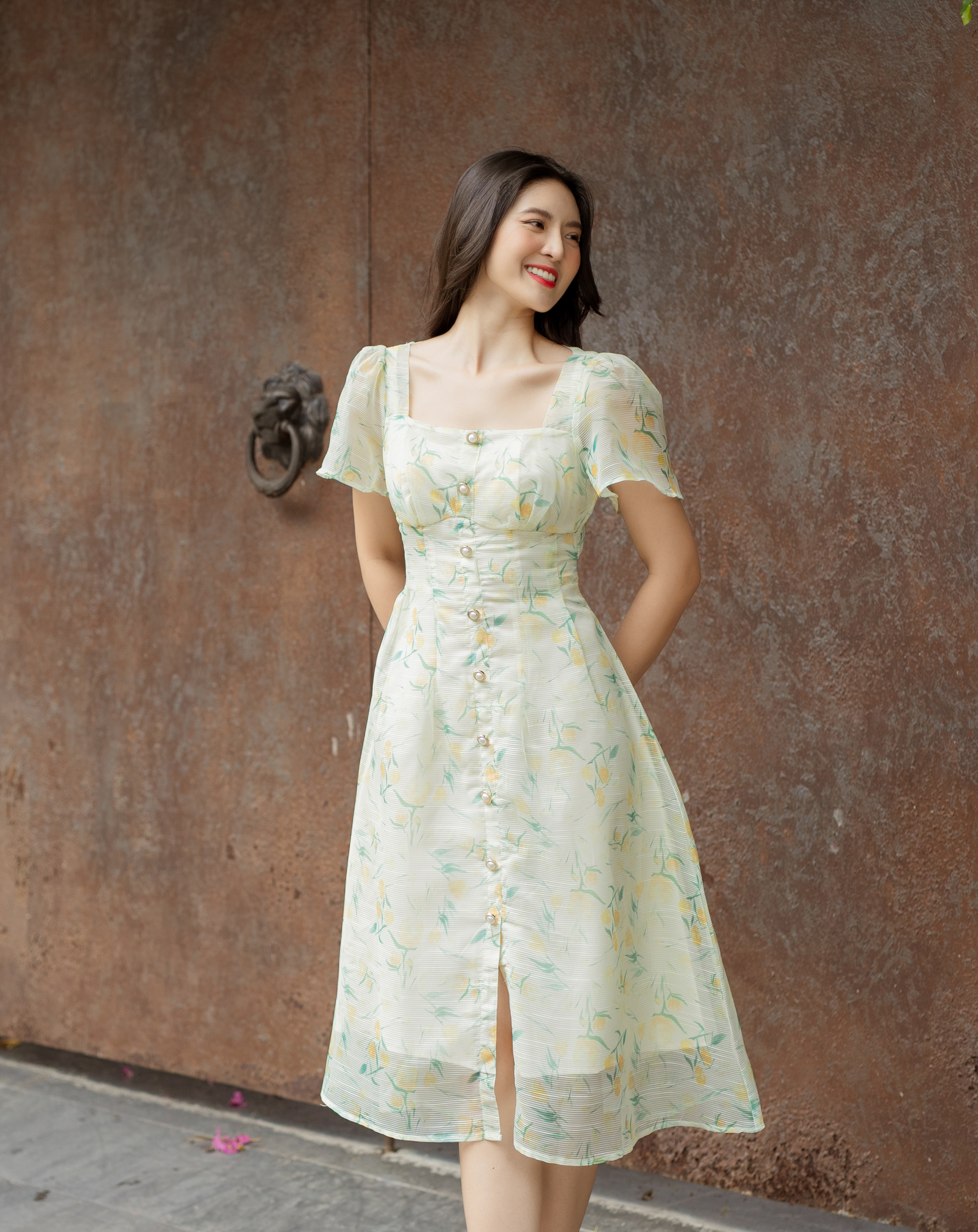 Đầm xòe họa tiết hoa mẫu đơn tay cánh tiên_thumbnail_5