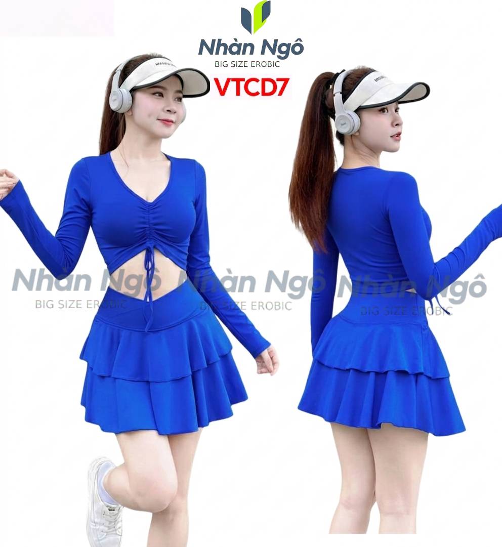 Bộ bơi váy tầng áo croptop rút dây tay dài màu xanh coban