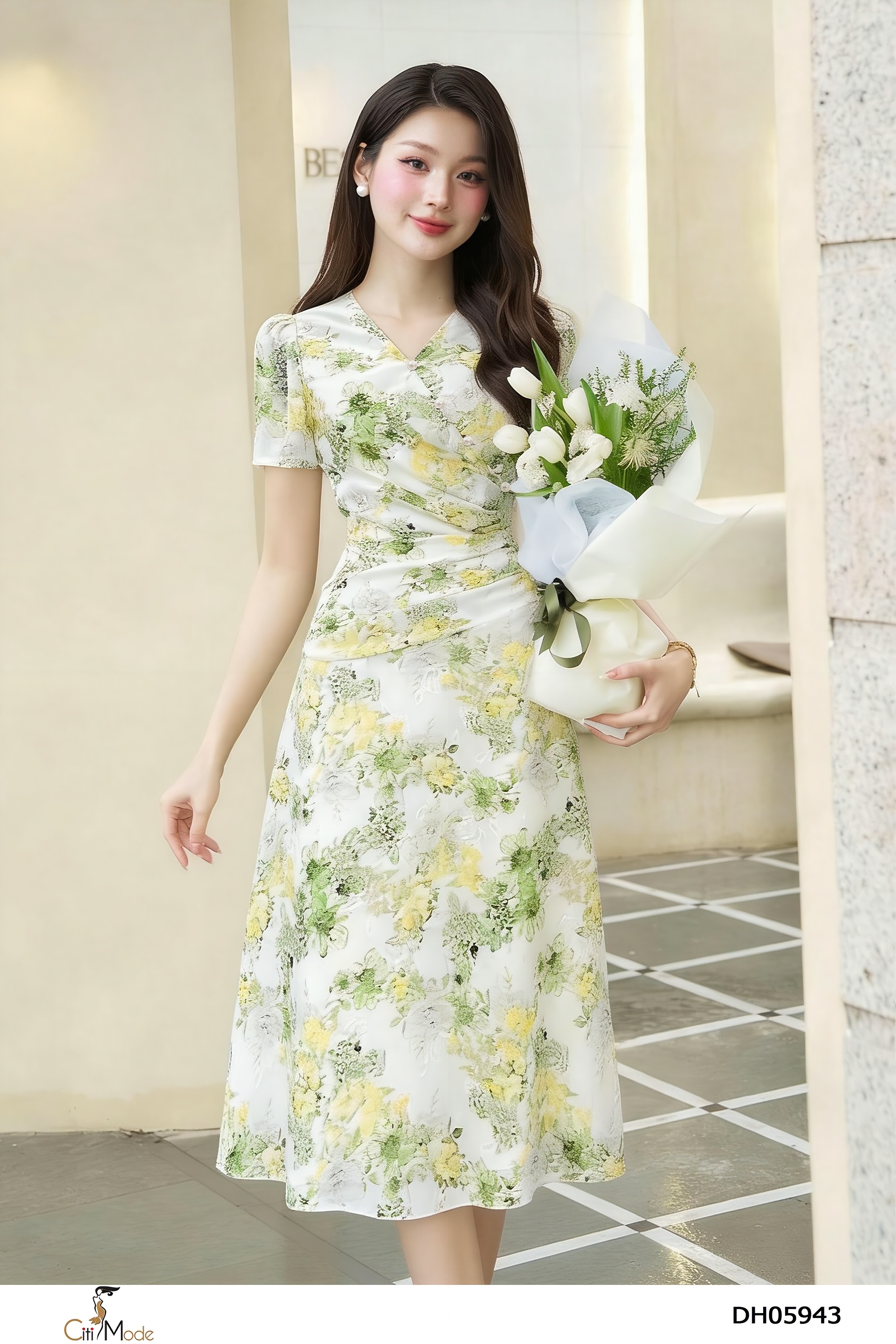 Đầm xòe hoa xanh cổ V tay cọc nhún eo