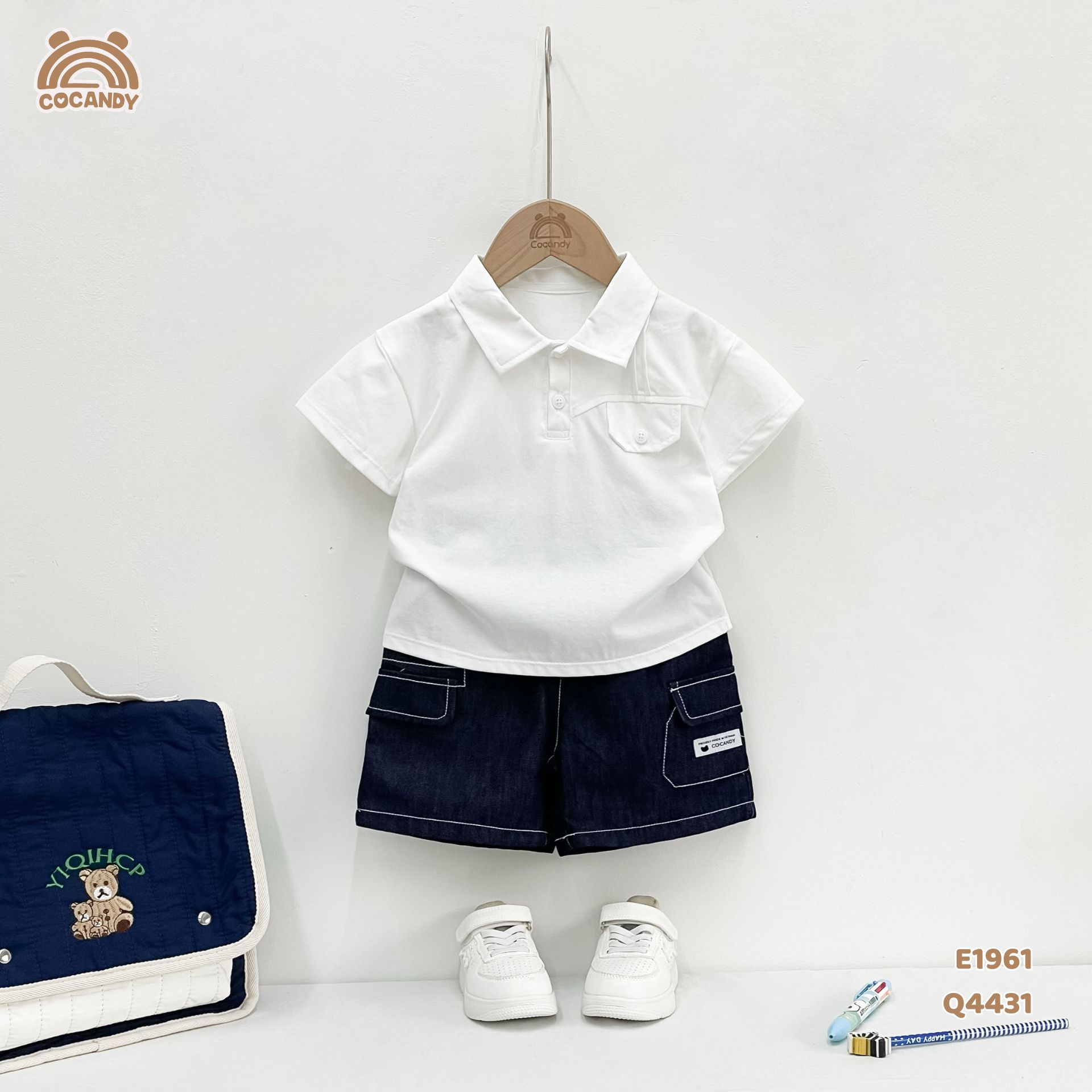 Áo cộc polo cotton TRẮNG đáp nắp ngực