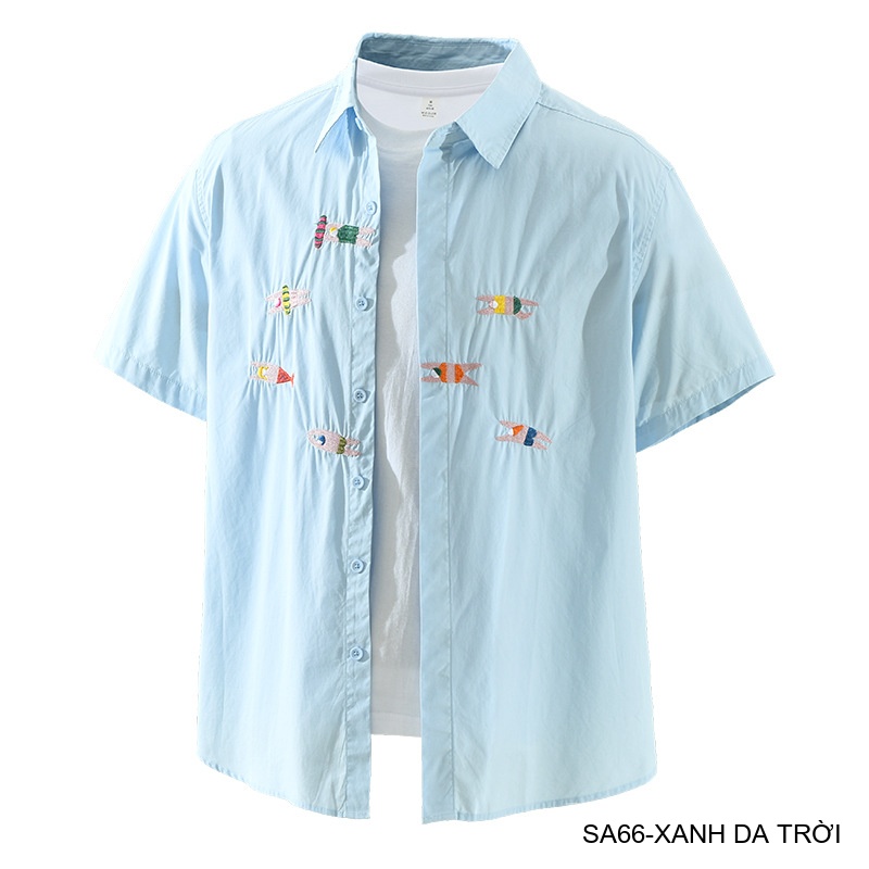 SA66 - Áo sơ mi nam ngắn tay thêu cá kiểu Nhật, cotton 100%, form rộng thoải mái, phong cách tươi mới_thumbnail_12