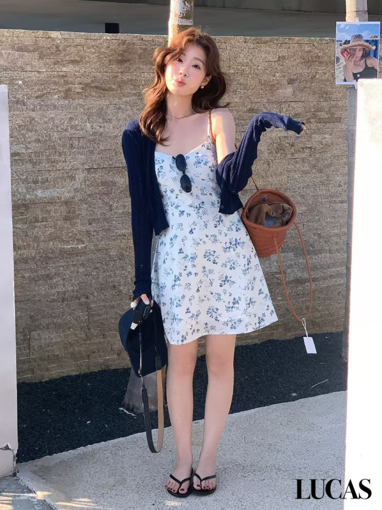 Set váy hoa nhí 2 dây dáng ngắn + áo len cardigan