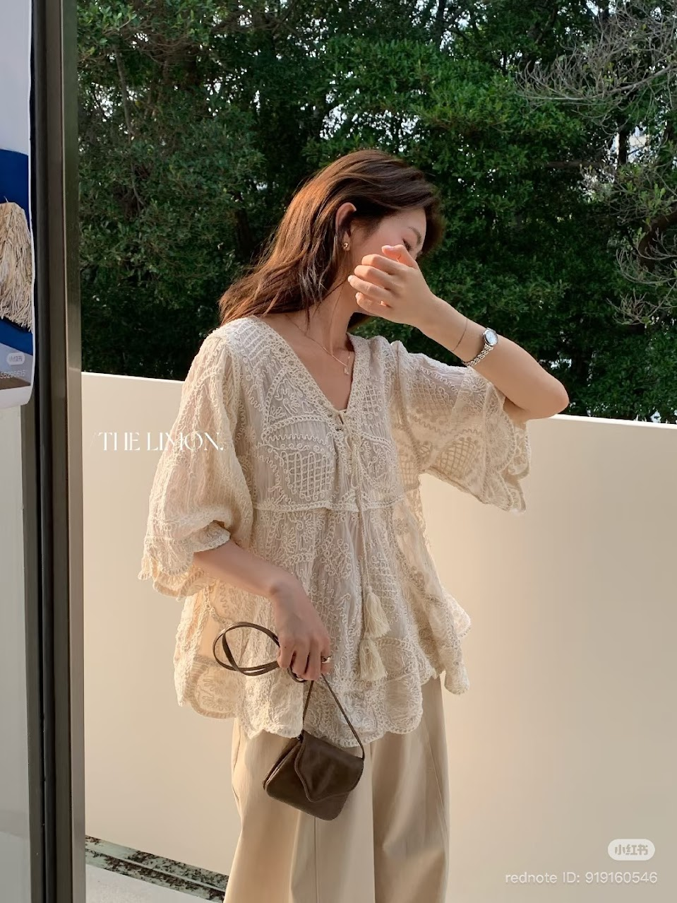 Lucas - Áo sơ mi ren cổ tim buộc dây cộc tay dáng suông THE LIMON_thumbnail_2