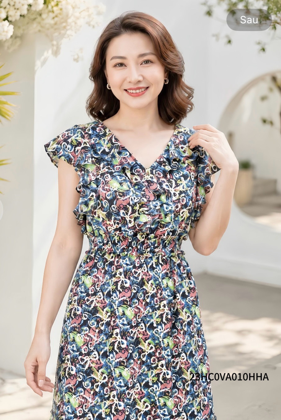 Váy Đầm Ôm phối bèo Vải thô mỏng Họa tiết hoa nhí Cổ V Tay ngắn cách điệu Dài ngang bắp chân_thumbnail_3