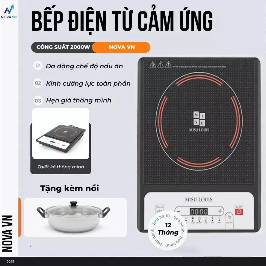 Bếp Điện Từ Cảm Ứng 2000W Tặng Kèm Nồi Kính Cường Lực Toàn Phần Tiết Kiệm Điện An Toàn Dễ Sử Dụng Đa Dạng Chế Độ Nấu Ăn