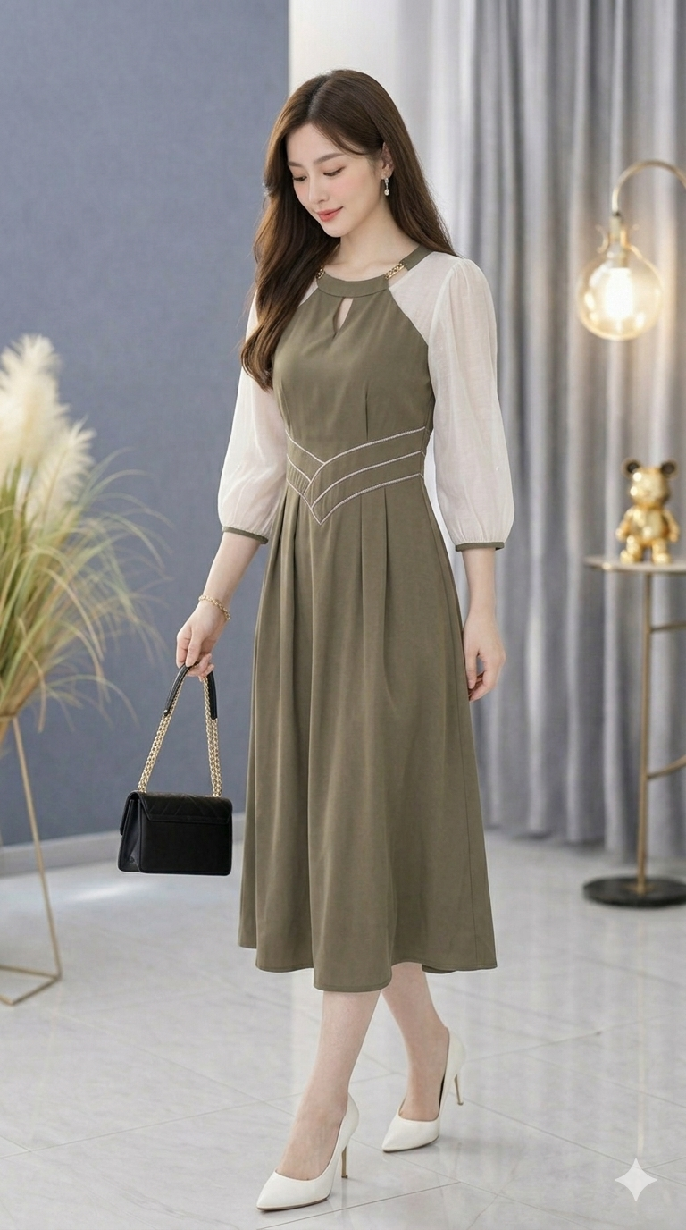 18404-Đầm xòe nâu phối tay voan trắng  viền eo cách điệu ( chất voan,lót thun , có túi)_thumbnail_7