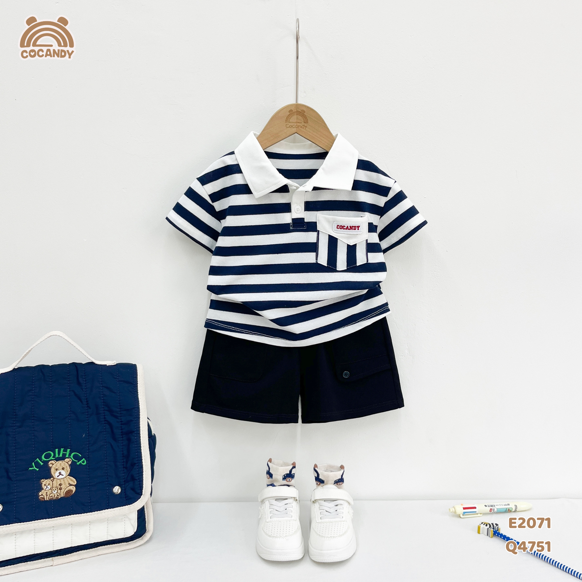 Áo cộc polo kẻ XANH NAVY túi ốp ngực