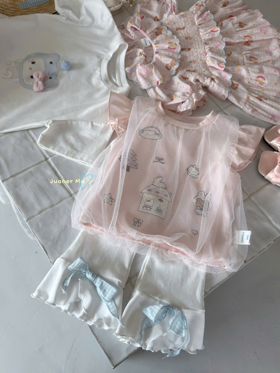 CX29 - Áo cotton in nơ phối bèo voan kem hãng CX7