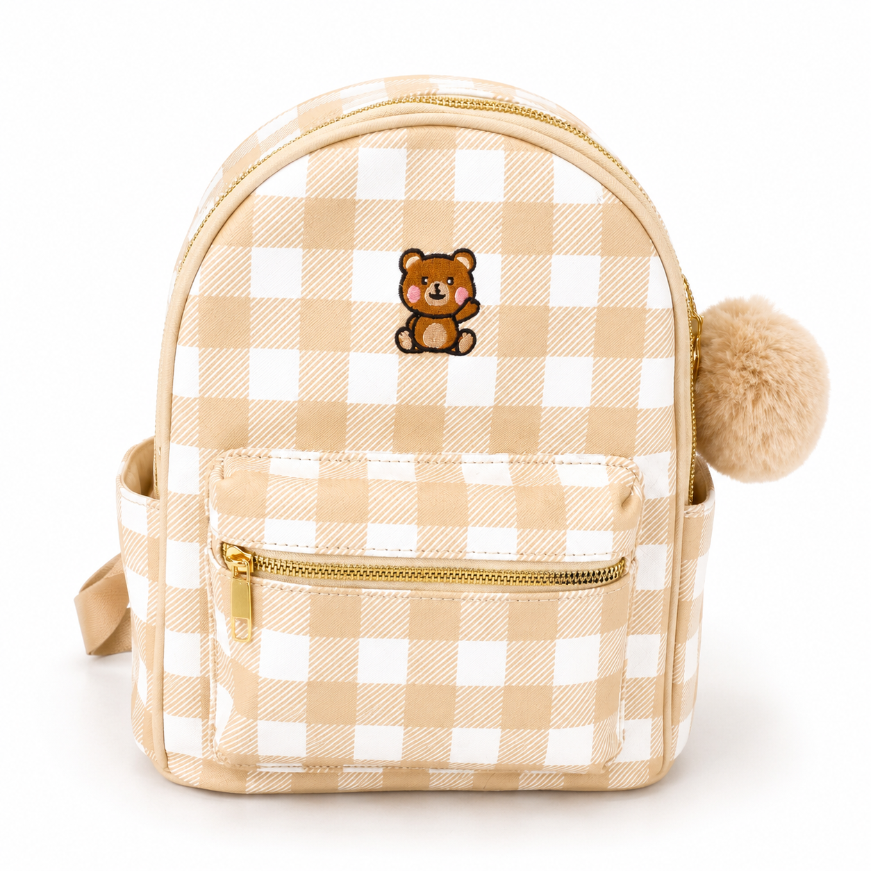 Balo Mini Caro Gấu Dễ Thương – Kèm Charm Lông Xinh Xắn (Be / Hồng)