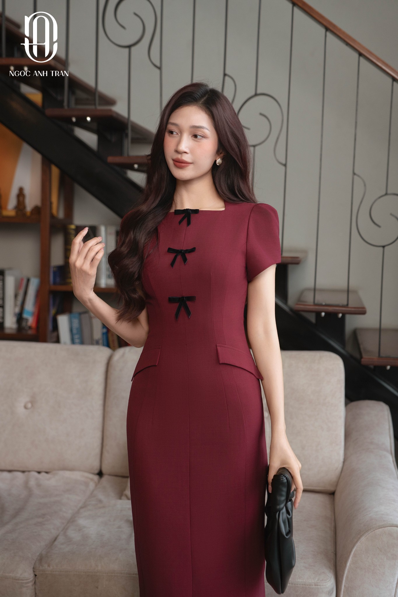 D165 - Váy đỏ phối nơ đen cách điệu_thumbnail_2