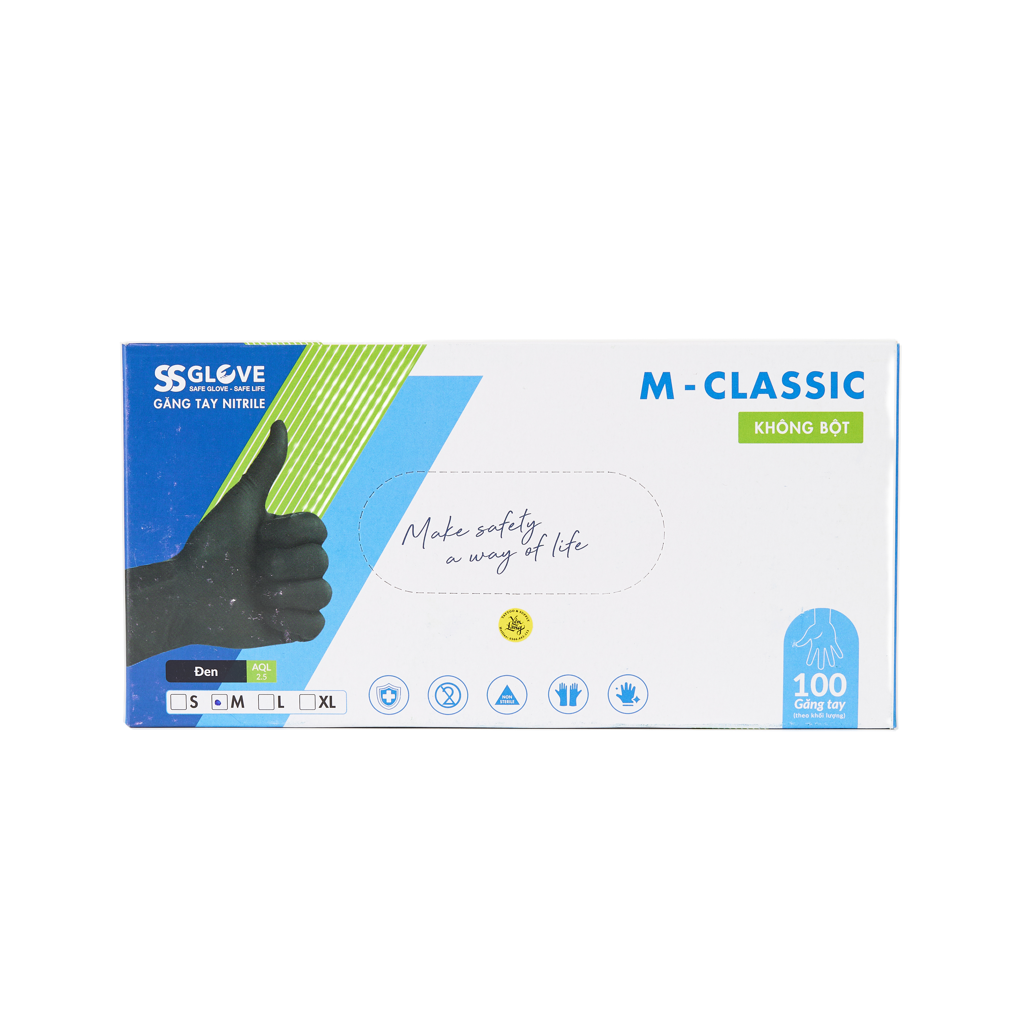 Găng tay cao su Nitrile SS màu đen không bột (Hộp 100 cái)