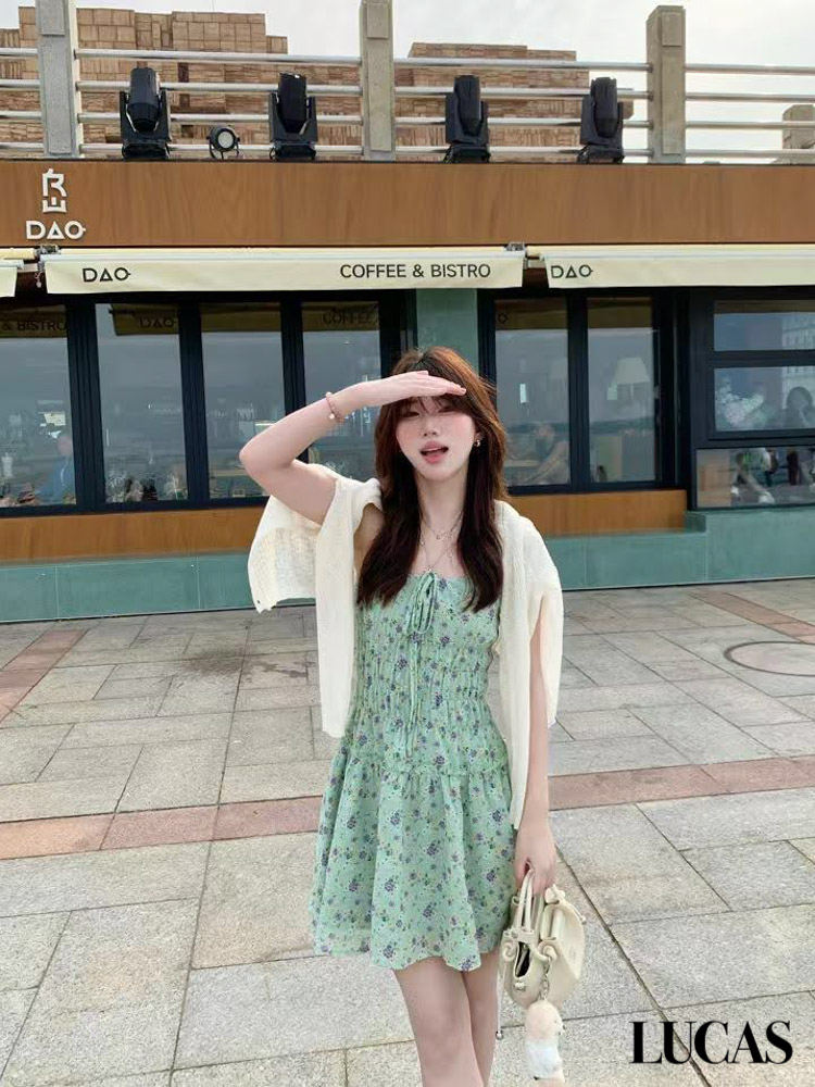 Set váy hoa nhí 2 dây chun eo dáng ngắn + áo len cardigan_thumbnail_6