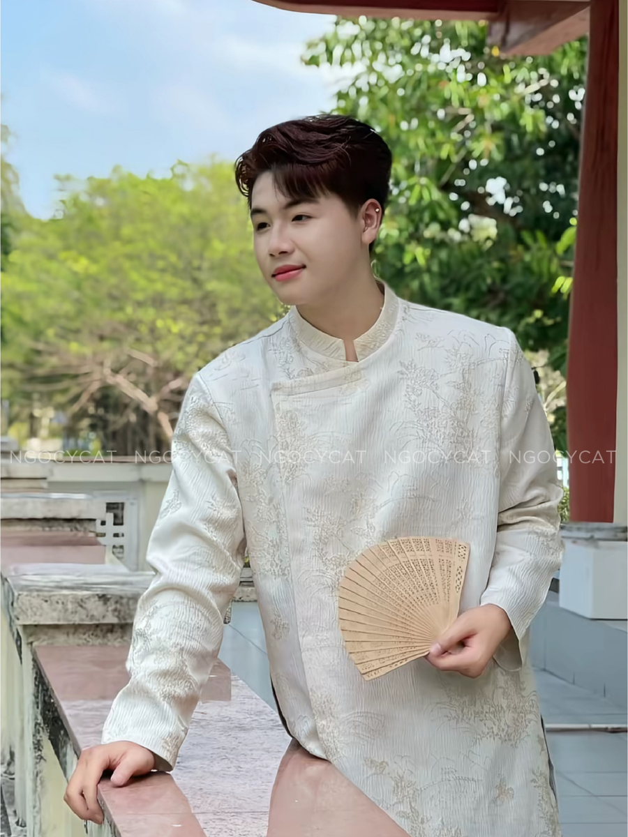 Áo Dài Nam Màu Be Hoa Điểu_thumbnail_1