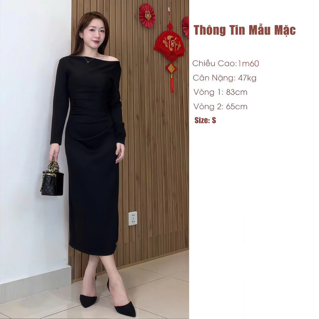 Váy dự tiệc lệch eo dáng dài ôm body, đầm body nhún eo dài tay Logastore_L197_thumbnail_1