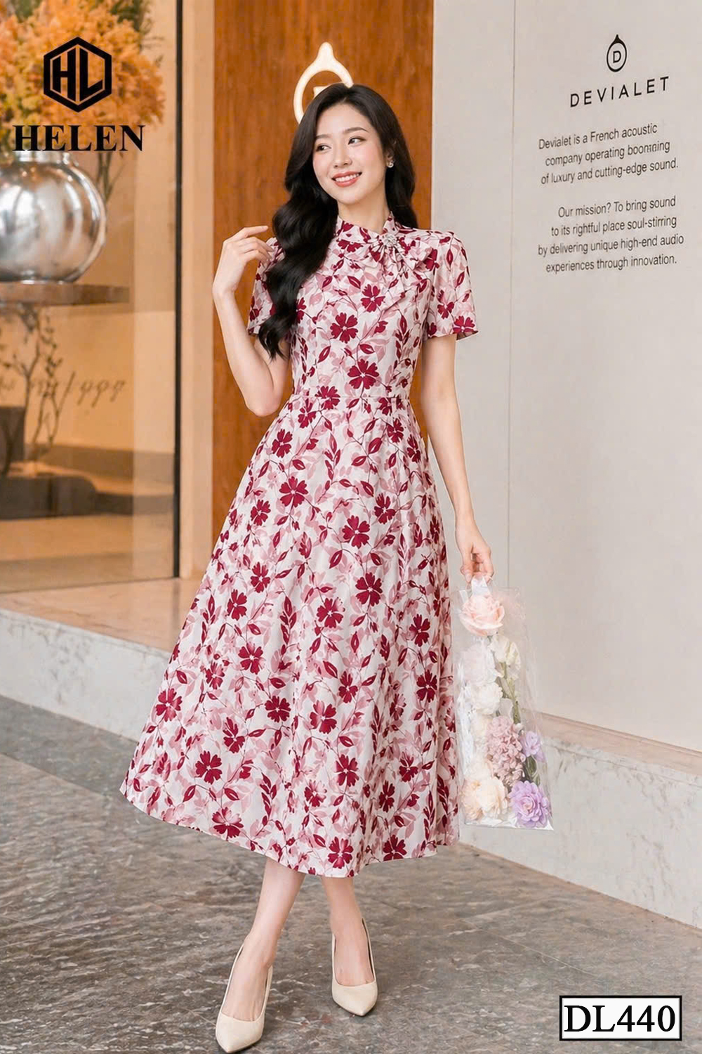 Đầm xòe hoa đỏ cổ nơ lệch tay ngắn DL440_thumbnail_3