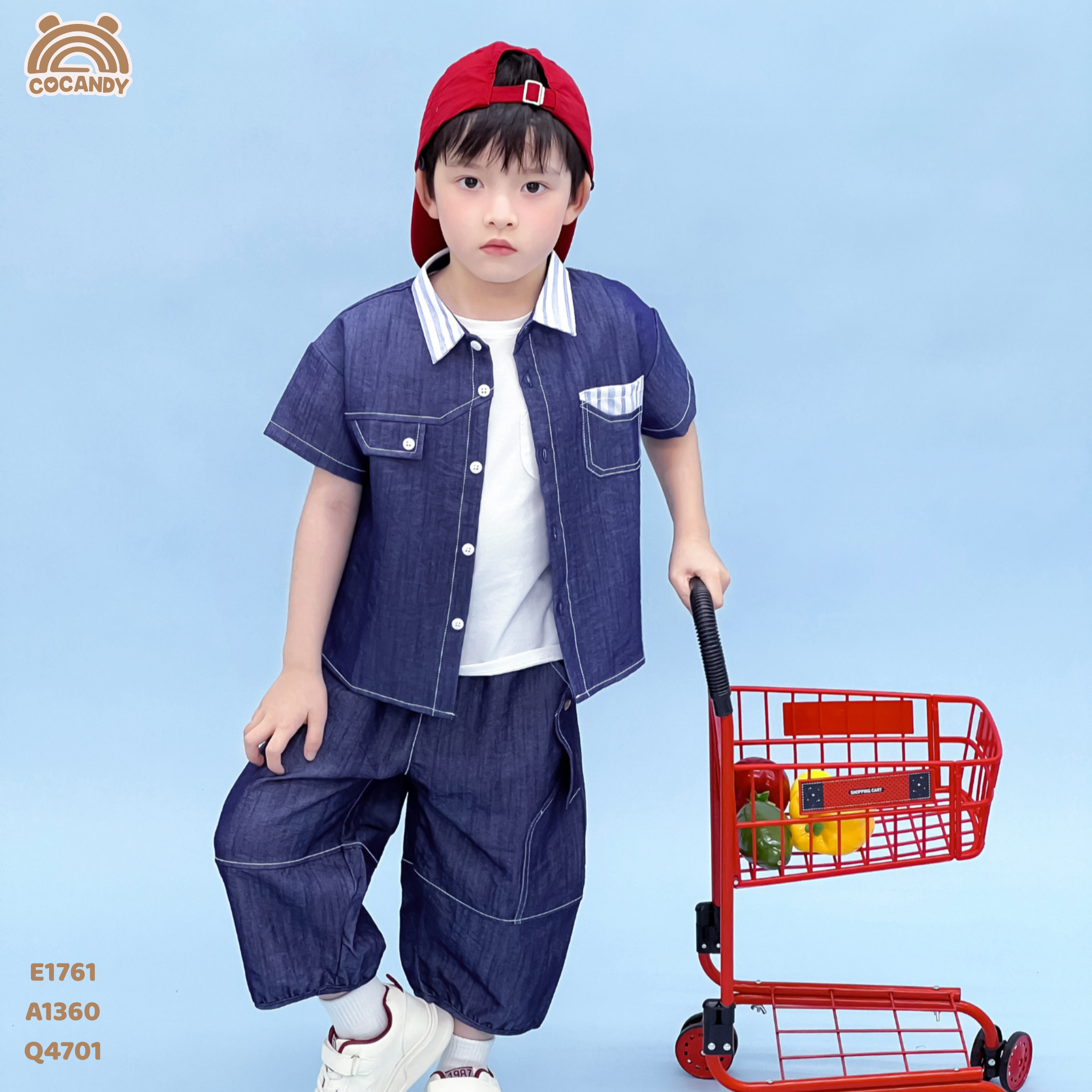 Áo cộc jeans XANH phối cổ sọc kẻ_thumbnail_1