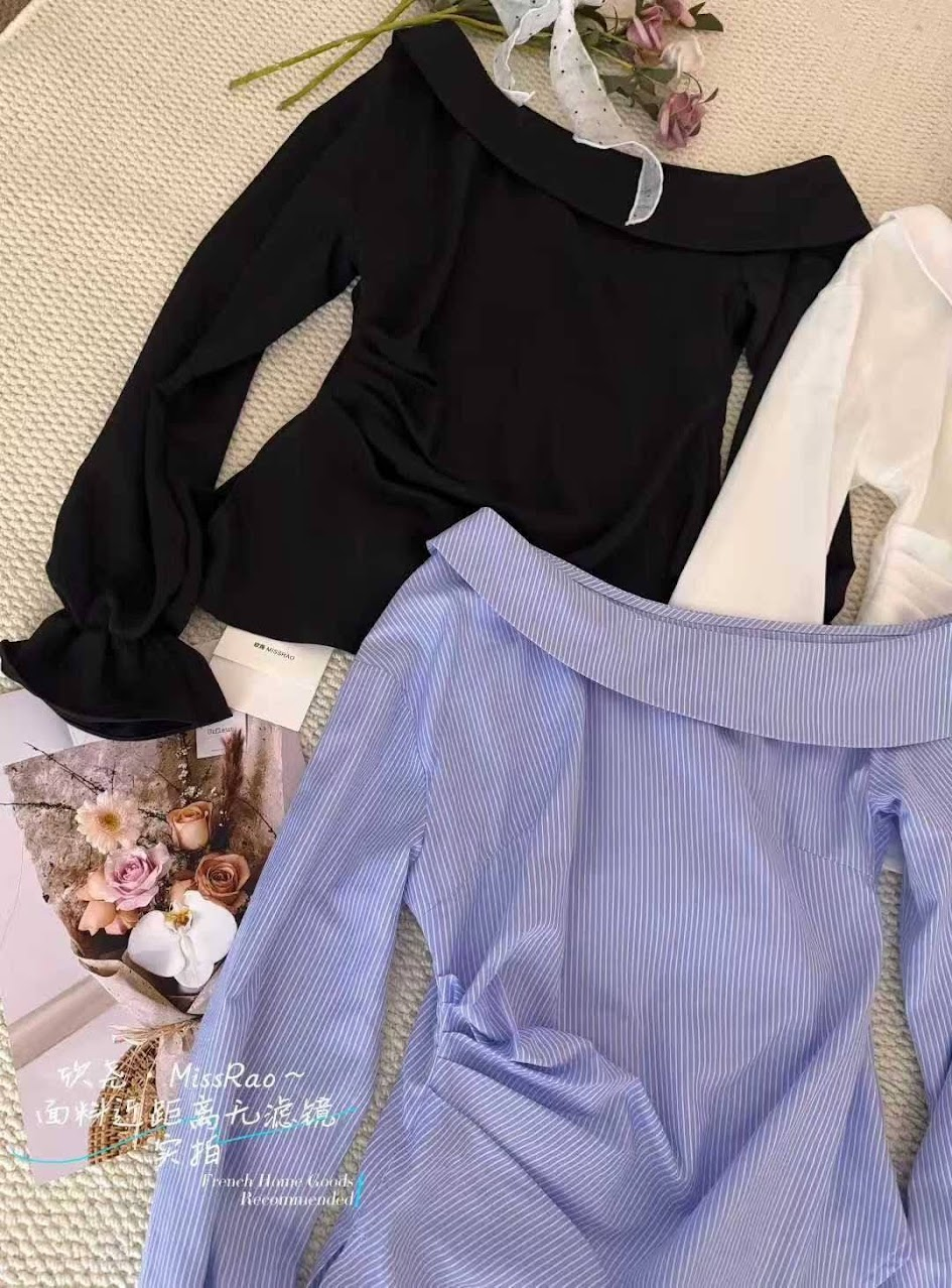 Áo sơ mi lệch vai SYL STUDIO vạt chéo sẻ 1 bên chun cổ tay loe_thumbnail_5