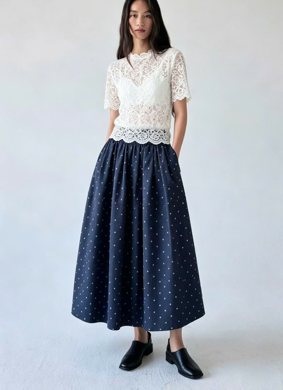 E752 CHÂN VÁY XÒE NAVY PHỐI CHẤM BI
