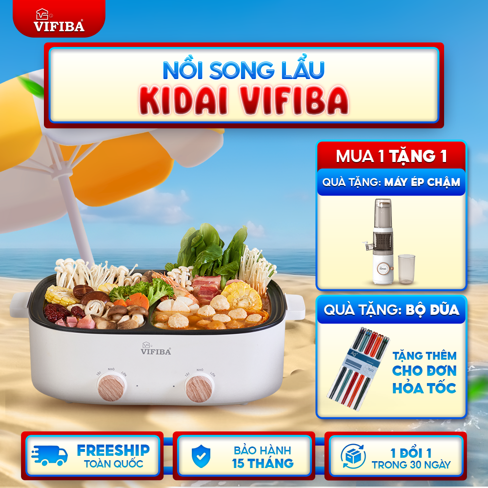 Nồi Lẩu 2 Ngăn Kidai Vifiba - Song Lẩu - TẶNG MÁY ÉP CHẬM
