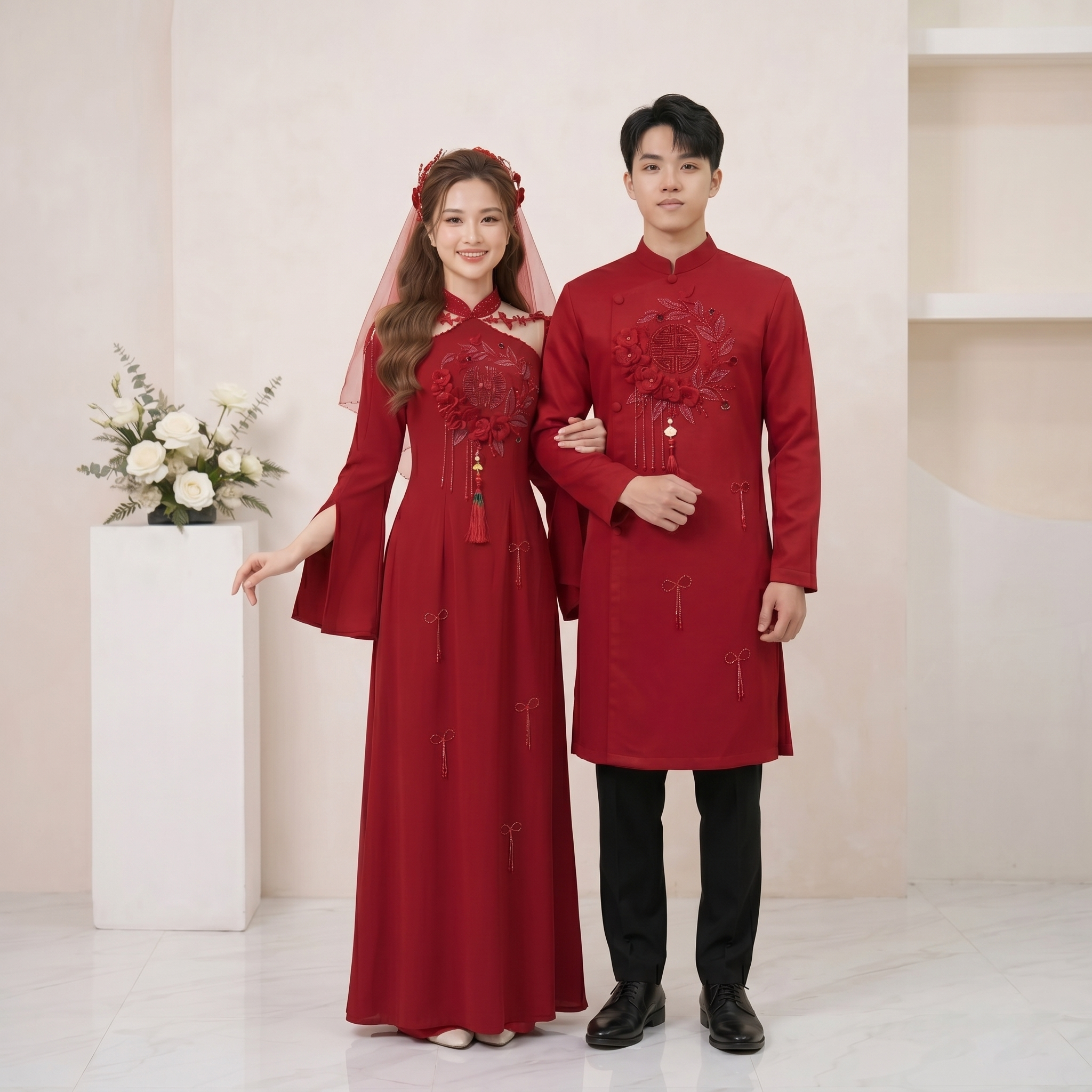 Áo Dài Cặp Cô Dâu Chú Rể Cưới Hỏi - Màu Đỏ Sang Trọng CH26-02