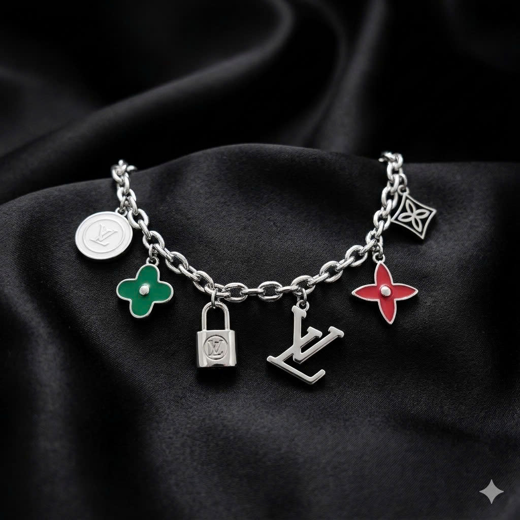 vòng tay titan mạ vàng trắng charm LV hoa nhiều màu