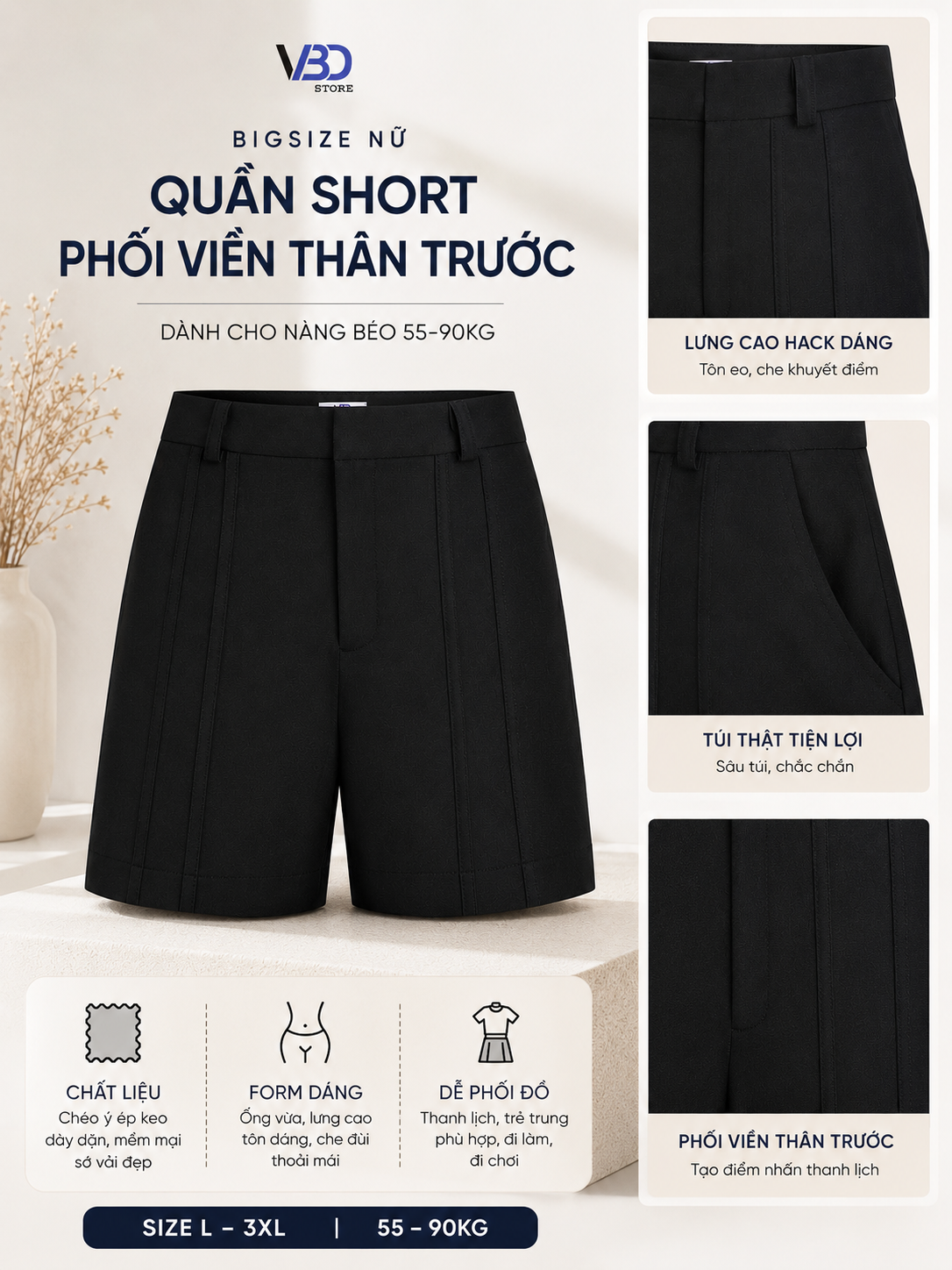 Quần short phối viền thân trước bigsize V-QS015 màu đen cạp cao dễ phối