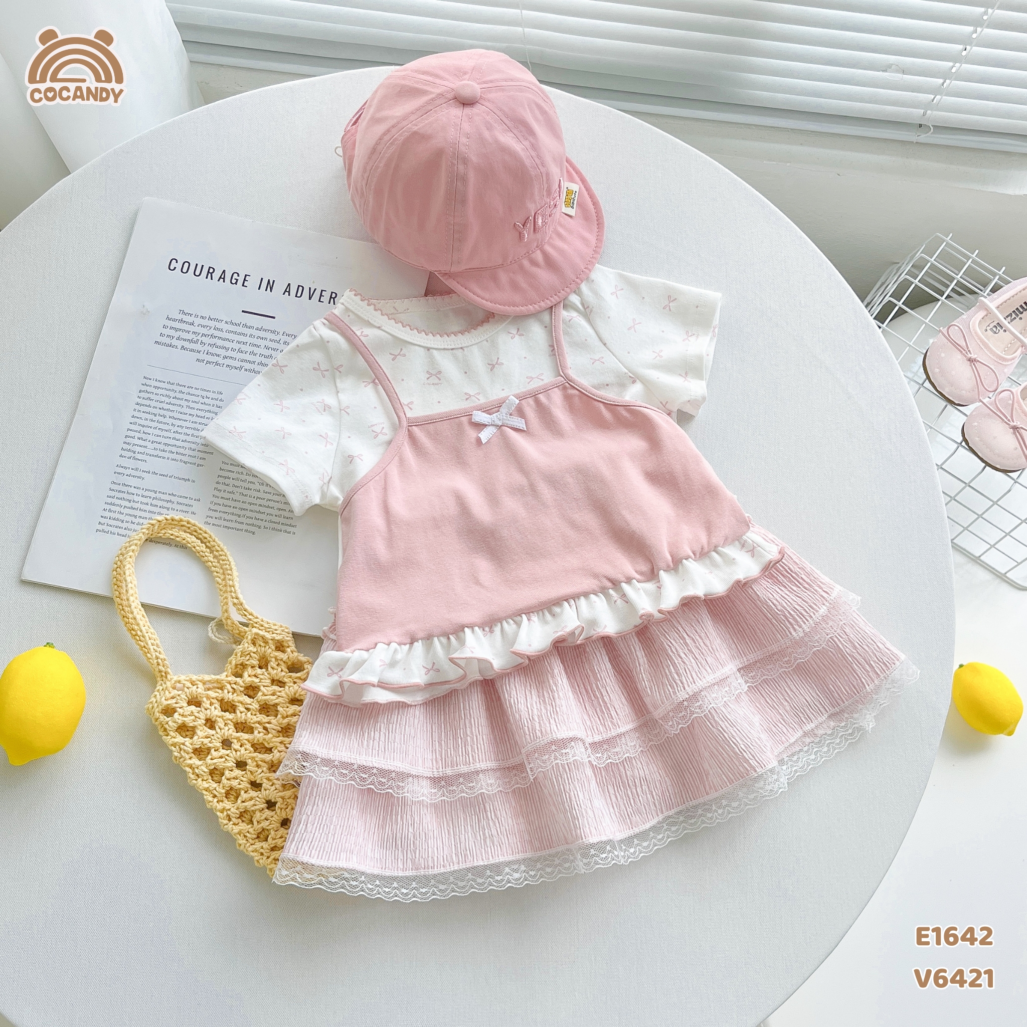 Áo cộc thun HỒNG phối nơ giả yếm
