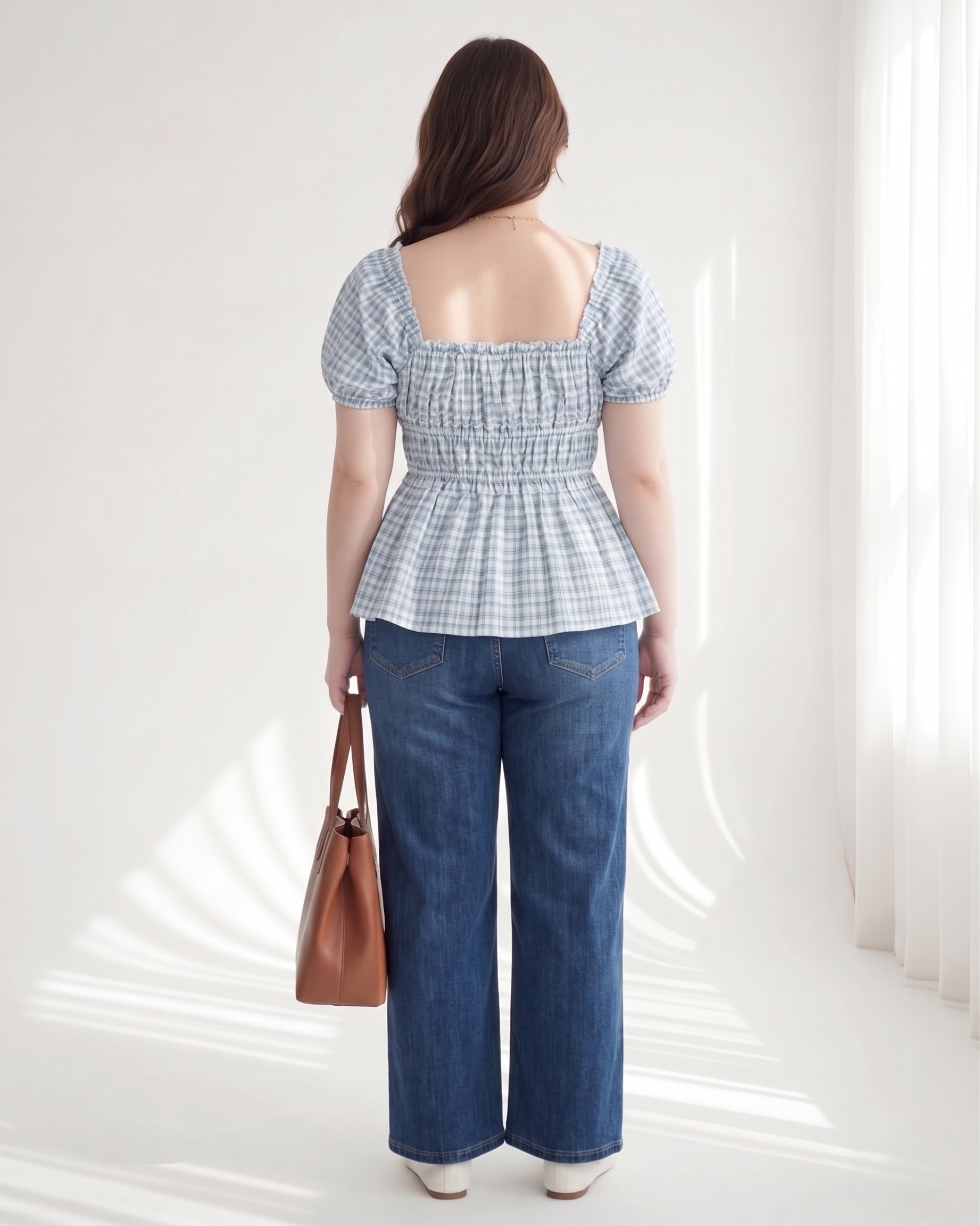 Áo Kiểu Caro Nhún Eo Tay Phồng Bigsize Che Bụng - Caro Xanh - Vừa 55-90kg - AK109_thumbnail_2
