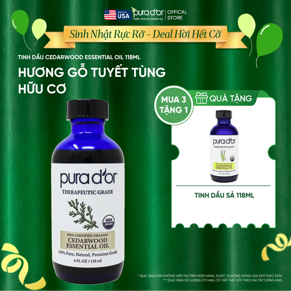 Tinh Dầu Gỗ Tuyết Tùng Hữu Cơ Pura D'or Therapeutic Grade Cedarwood Essential Oil 118ml_thumbnail_0