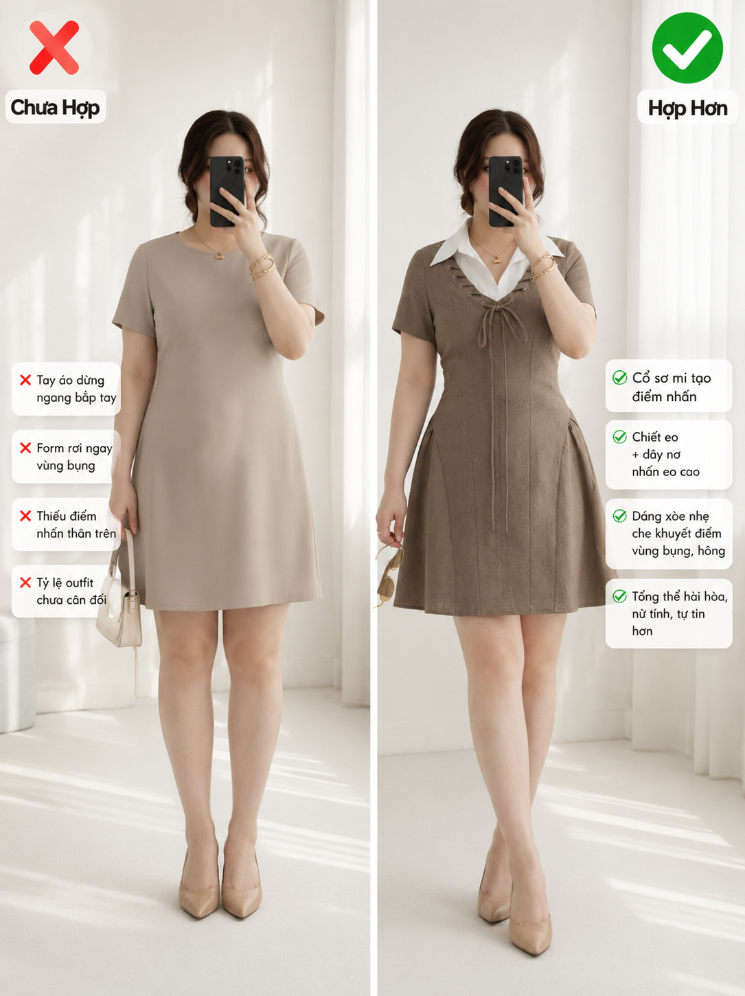 Ảnh so sánh trước sau đầm bigsize DA153 giúp dáng chubby nhìn gọn và có điểm nhấn hơn