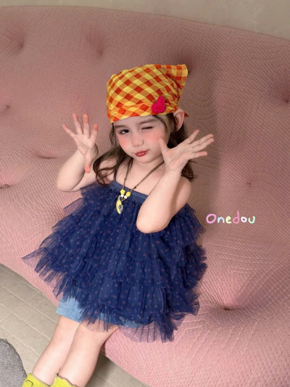 OD06 - Áo 2 dây voan tầng xanh navy chấm bi hãng One Dou