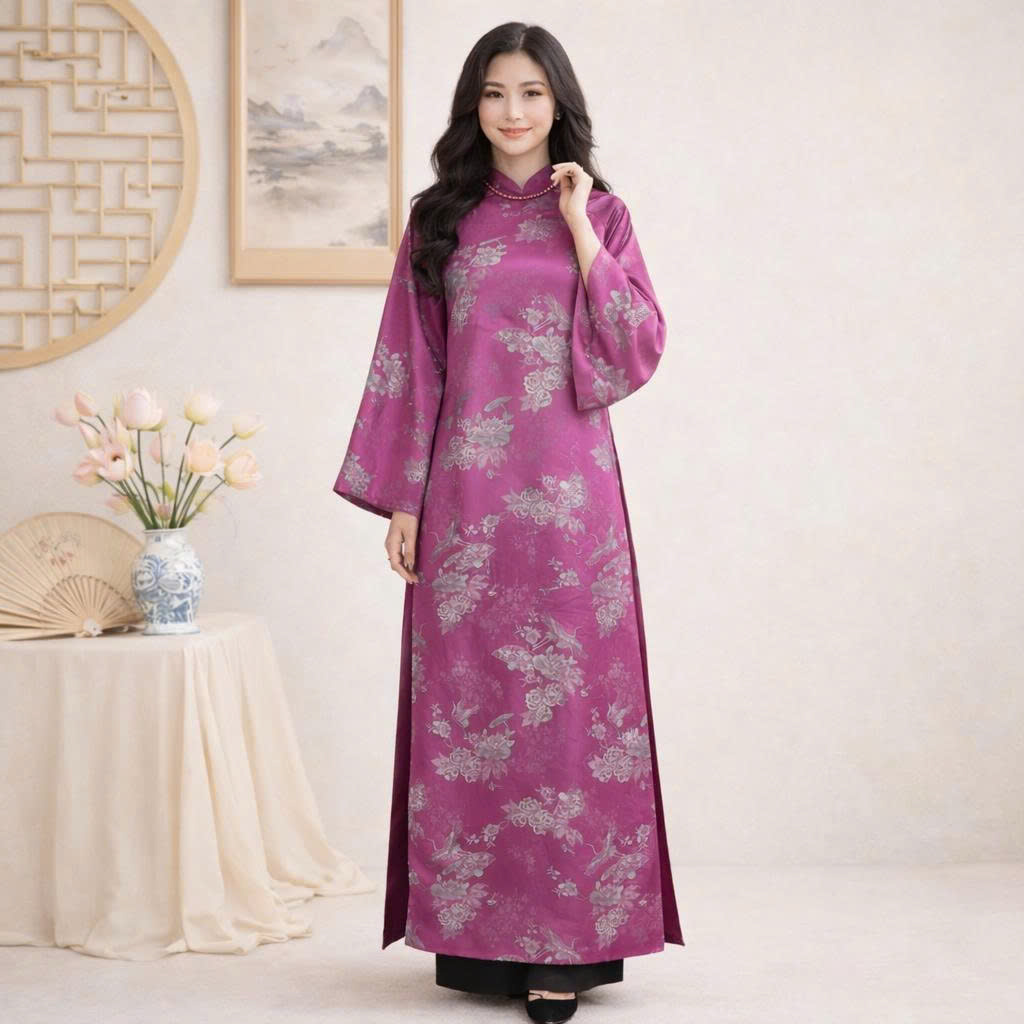 Áo Dài Cách Tân Nữ Dáng Suông - Gấm Tơ Họa Tiết- Trẻ Trung CT26-02_thumbnail_0