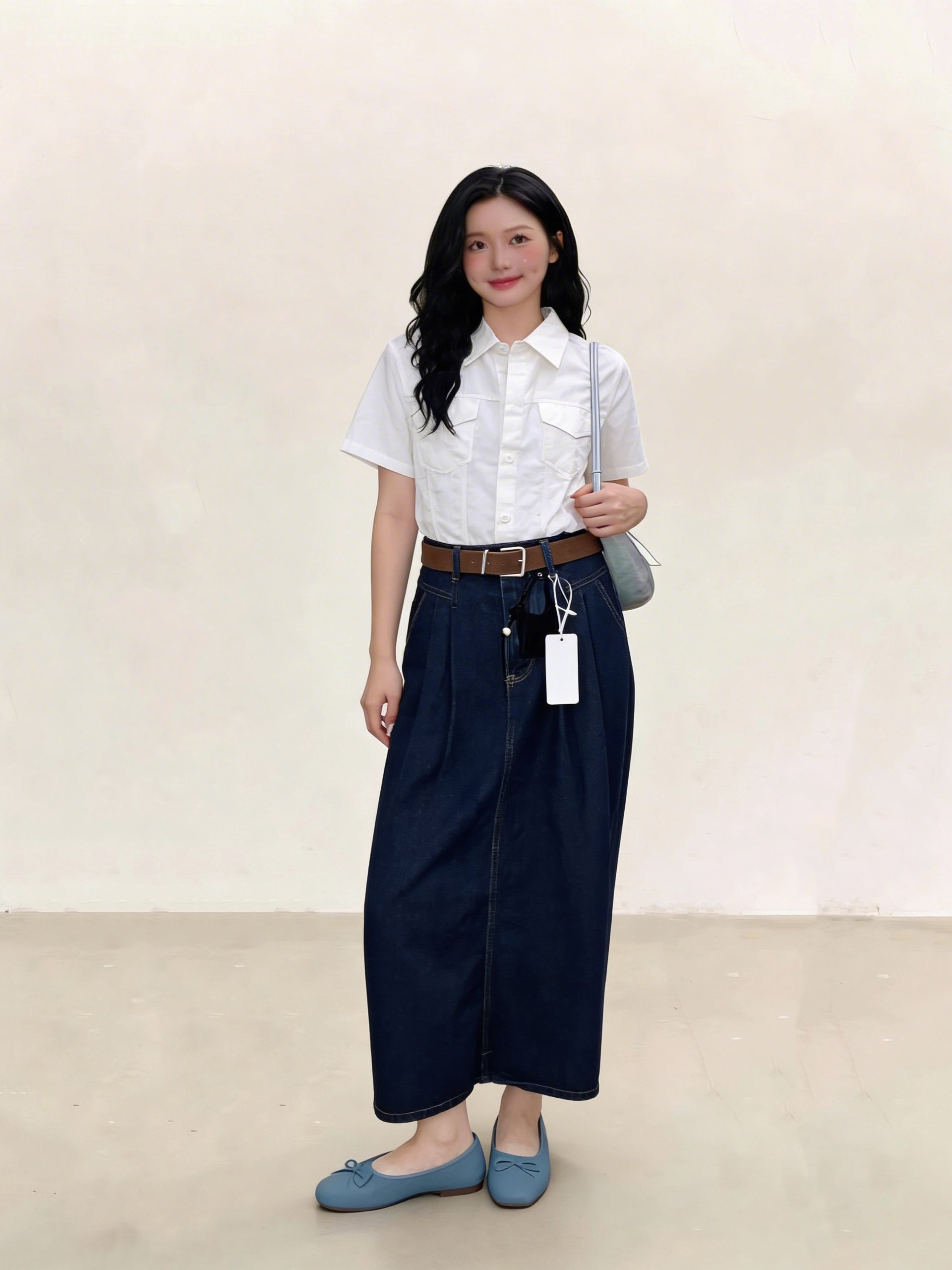 Chân váy Jeans xanh đậm dáng xòe dài túi chéo chỉ vàng + belt da nâu 388