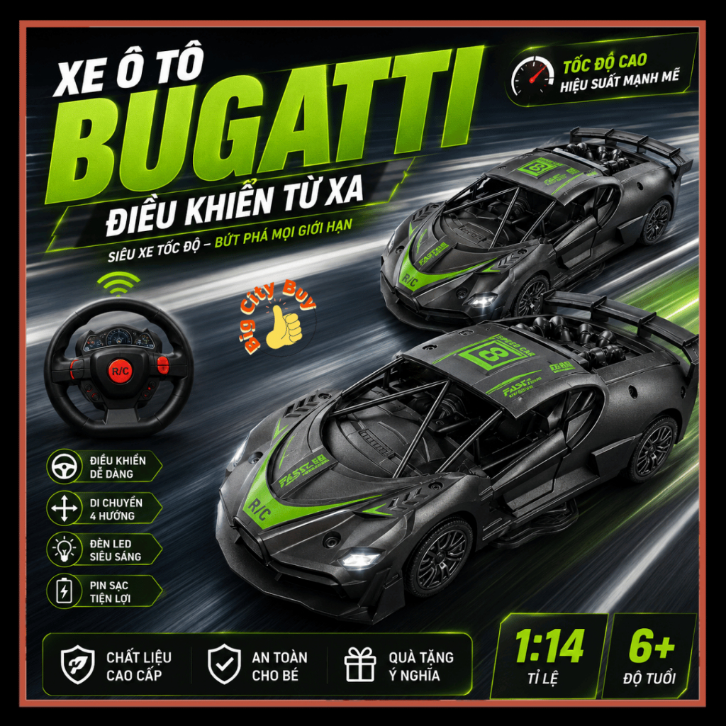 Xe Ô Tô Điều Khiển Từ Xa Bugatti Mini Có Vô Lăng, Xe Đua Tốc Độ Đồ Chơi Cho Bé Cực Ngầu BigcityBuy 337XOT